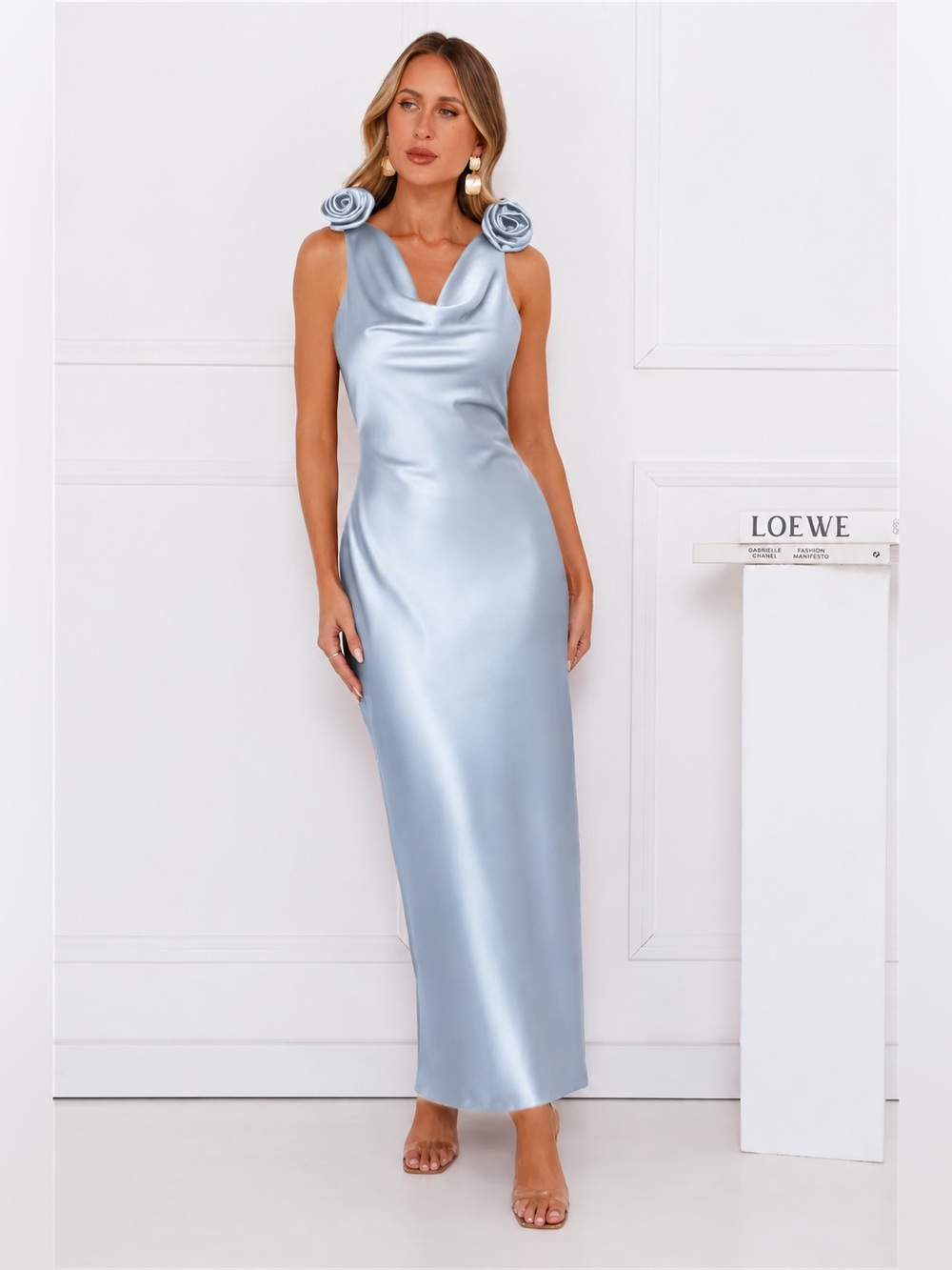 Light Blue Satin Cowl Neck Maxi Dress with Rose Details XS NWT